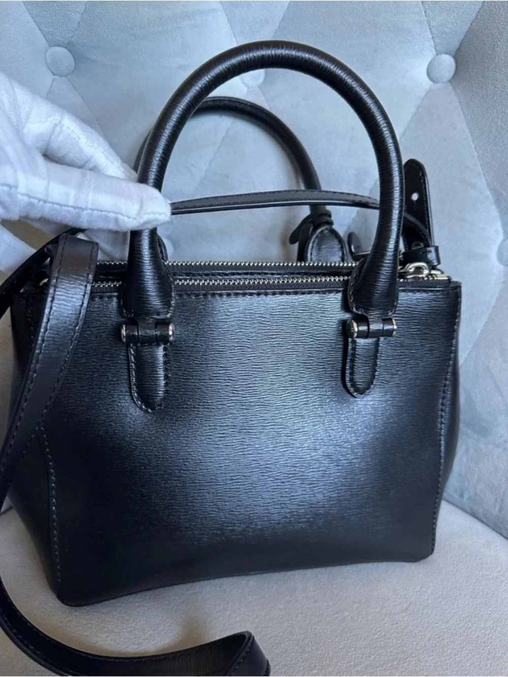 RALPH LAUREN NEWBERY DOUBLE ZIP SATCHEL BAG IN BLACK STRUCTURED LEATHER